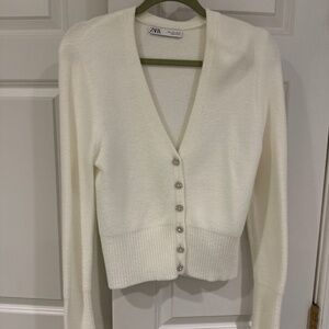 Zara White Cropped Cardigan with Rhinestone Buttons